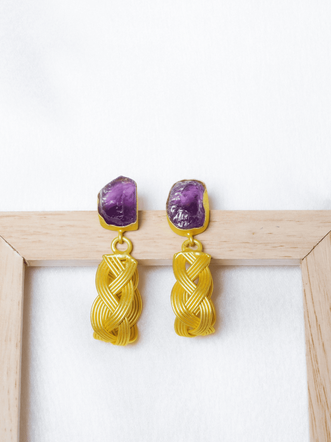 Amethyst Top Gold Plated Braid Danglers - QUEENS JEWELS