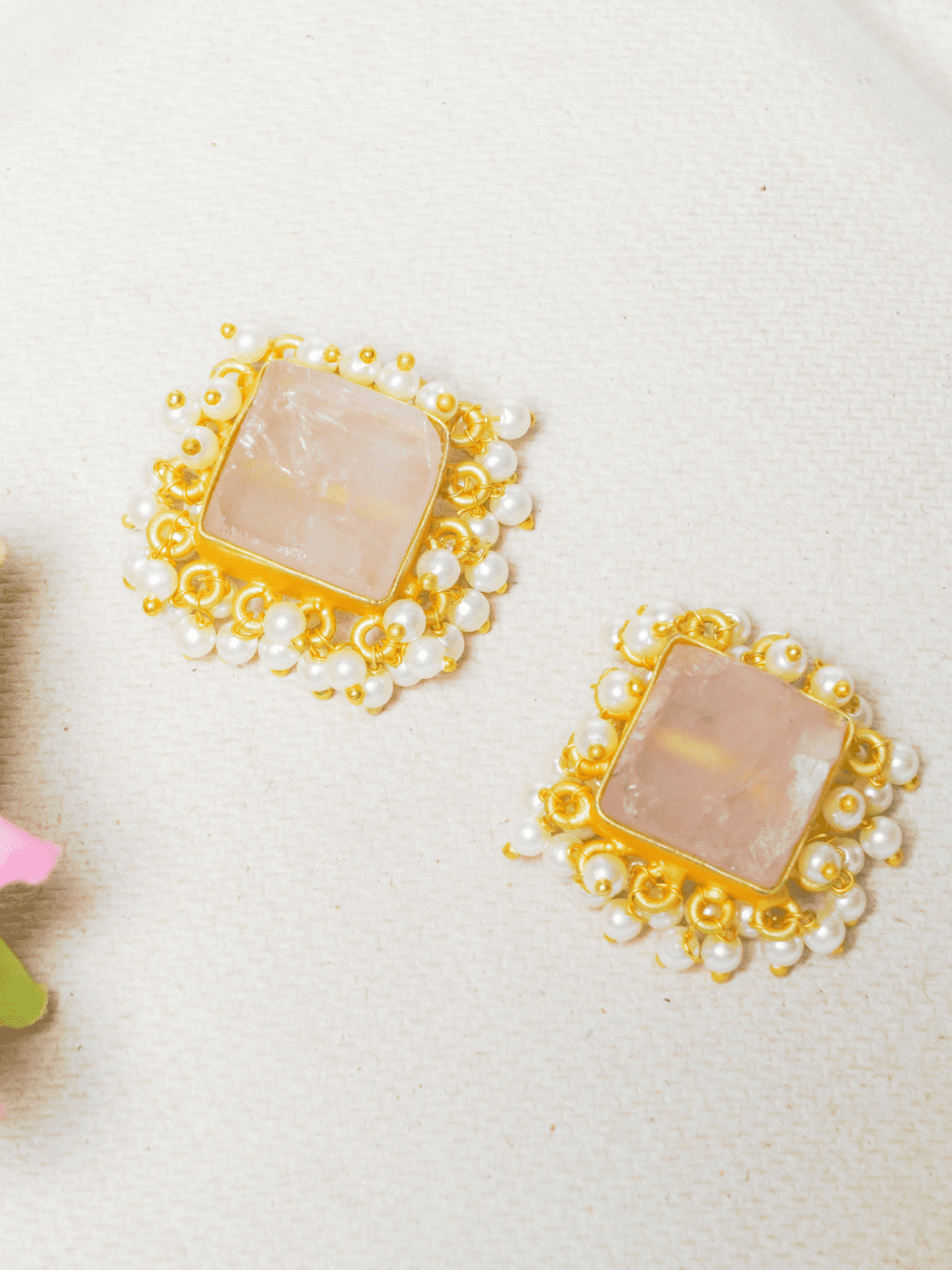 Elegant Rose Quartz Studs with pearls - QUEENS JEWELS