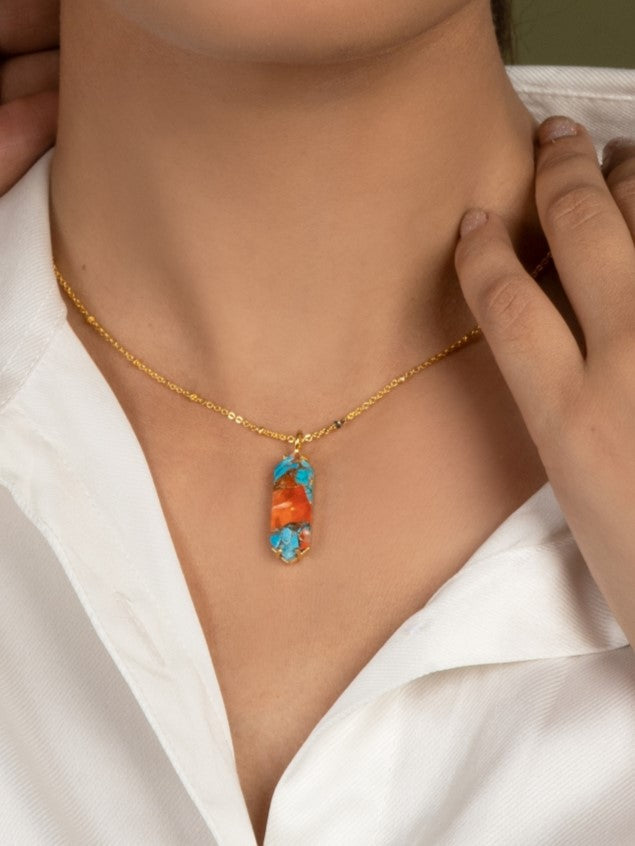 Bullet shaped small blue & orange pendant with stud earrings