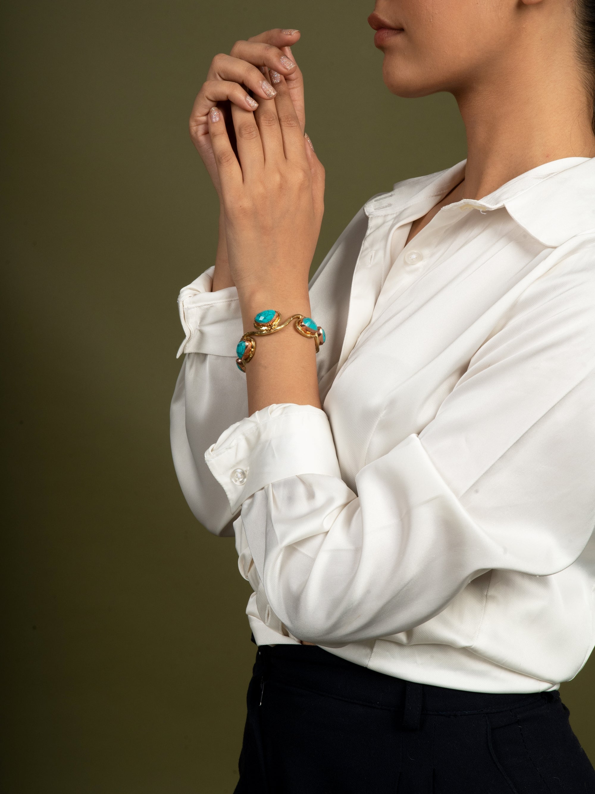 Statement Roman Semi Precious Stone Cuff (Labradorite & Turquoise) - QUEENS JEWELS