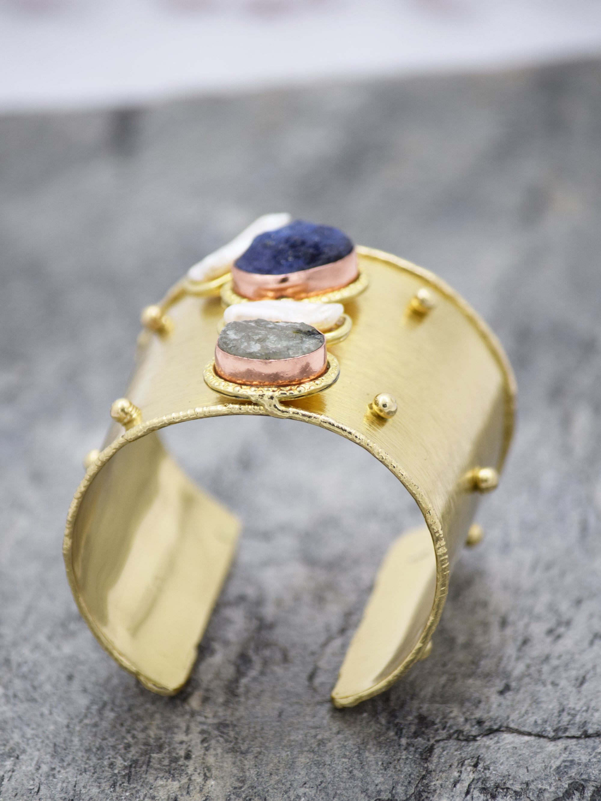 Stylish Broad Cuff With Semi Precious Stone (Multistone & Pearl) - QUEENS JEWELS