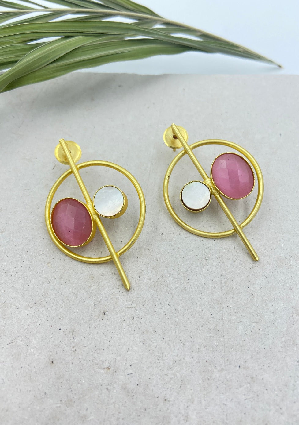 Gold Plated Circular Rose Quartz Drop Earrings - QUEENS JEWELS