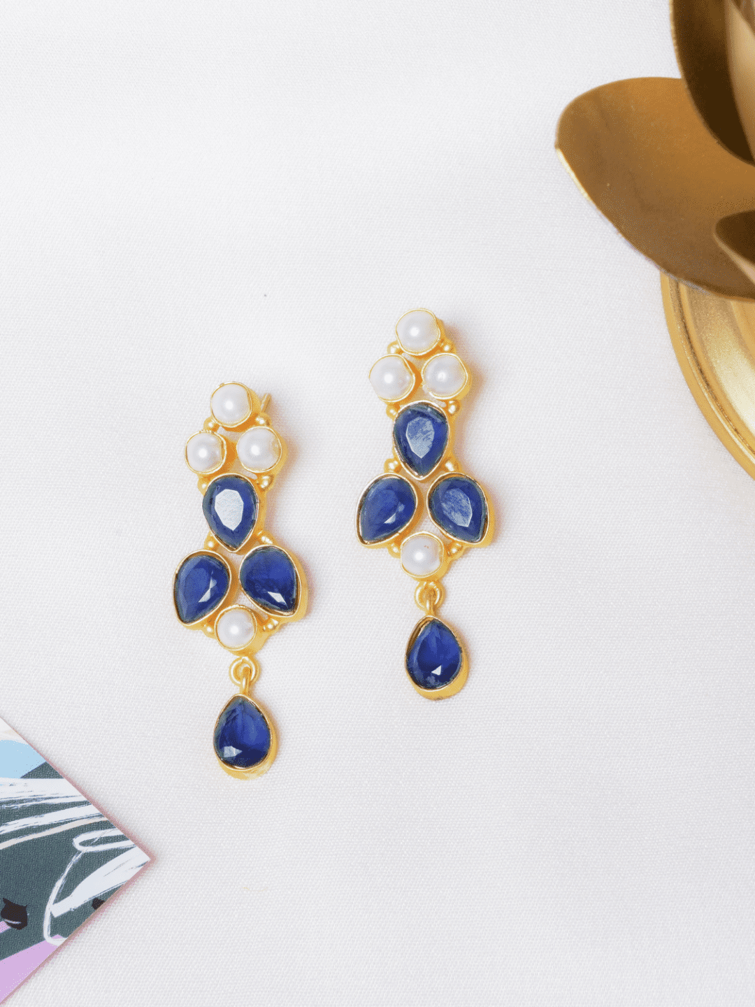 Floral Indigo Pearl Earrings - QUEENS JEWELS