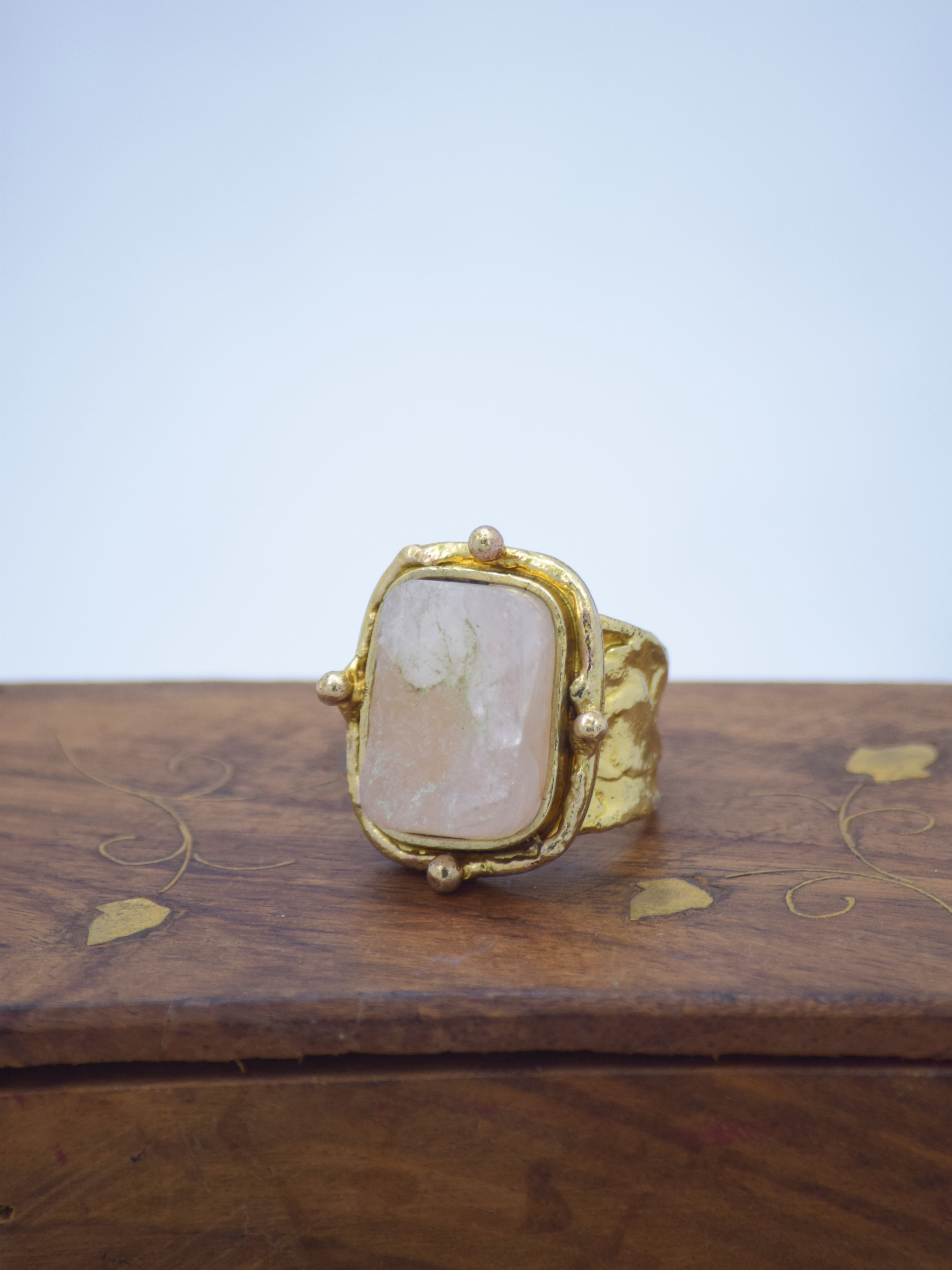 Rough Rose Quartz Gold Plated Adjustable Ring - QUEENS JEWELS