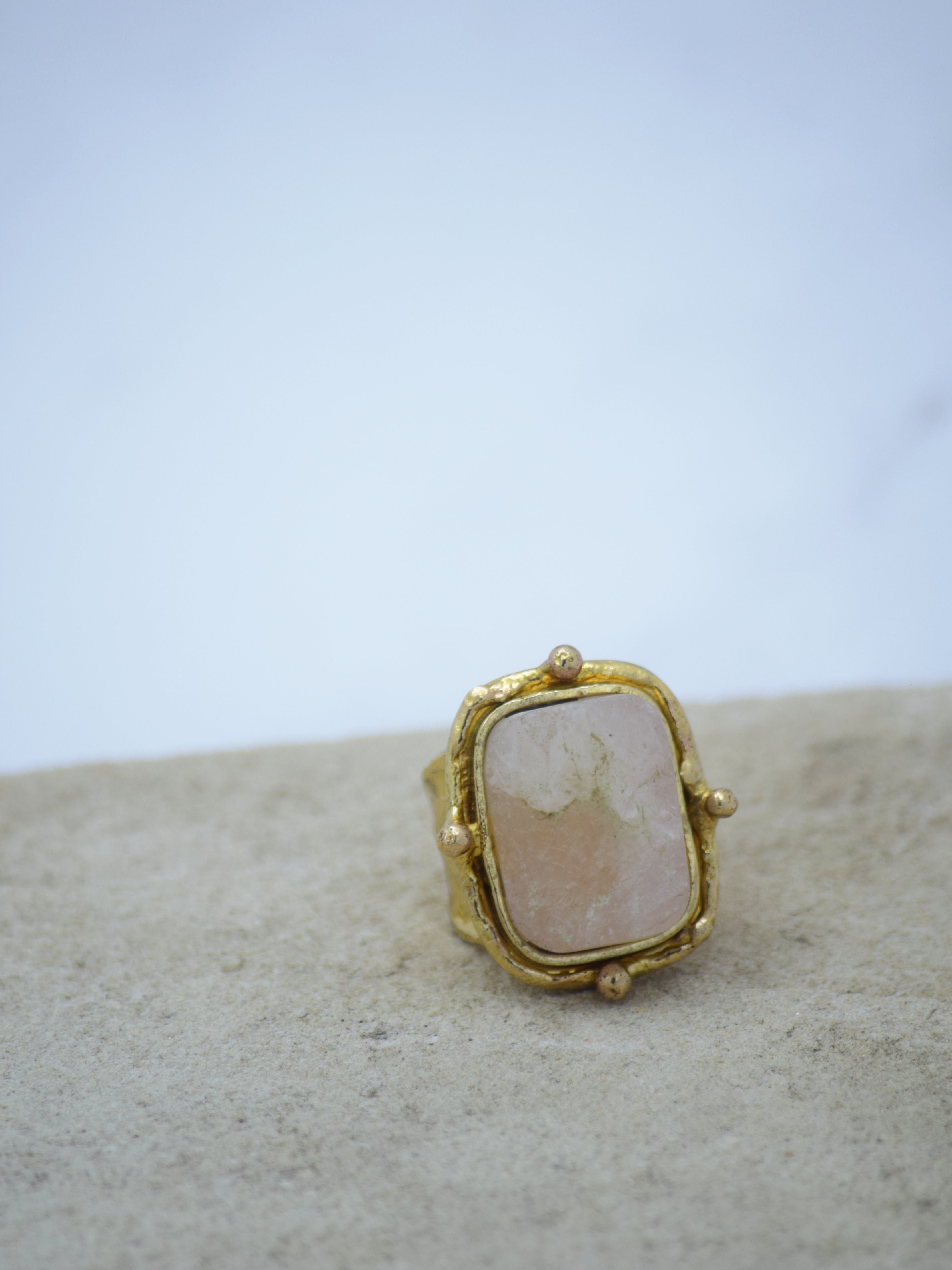 Rough Rose Quartz Gold Plated Adjustable Ring - QUEENS JEWELS